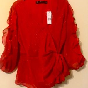 New York & Company, size M, red wrap blouse.